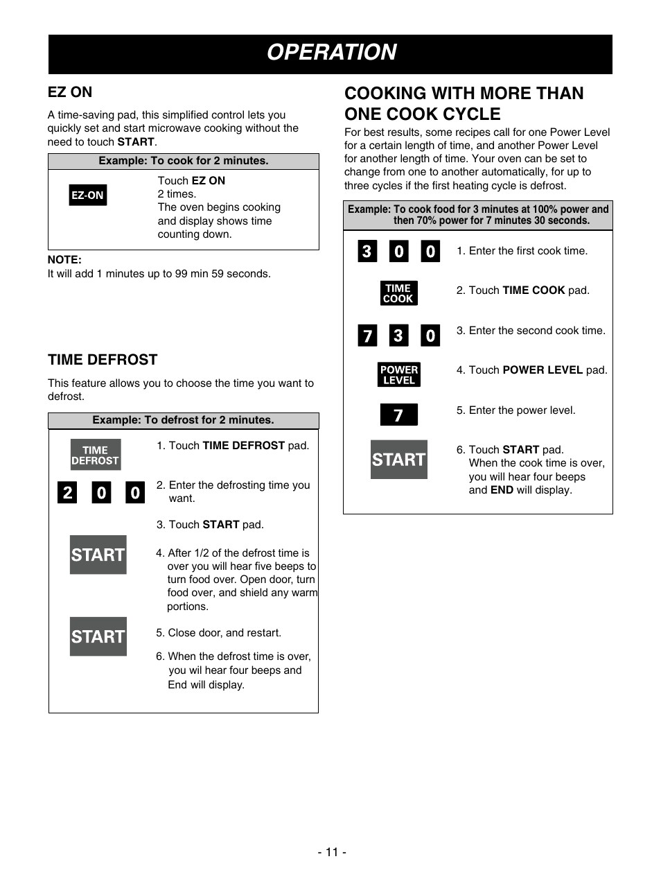 Operation, Cooking with more than one cook cycle, Ez on | Time defrost | Goldstar MV1610BB User Manual | Page 11 / 28
