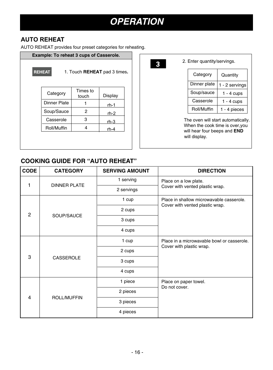 Operation, Auto reheat, Cooking guide for “ auto reheat | Goldstar MV1610BB User Manual | Page 16 / 28