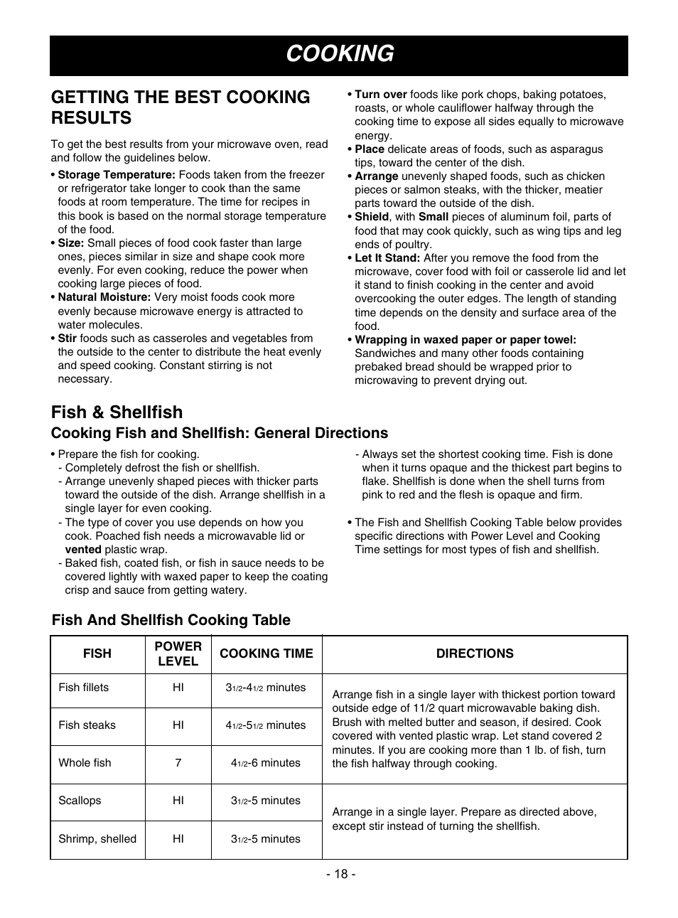 Cooking, Getting the best cooking results, Fish & shellfish | Cooking fish and shellfish: general directions, Fish and shellfish cooking table | Goldstar MV1610BB User Manual | Page 18 / 28