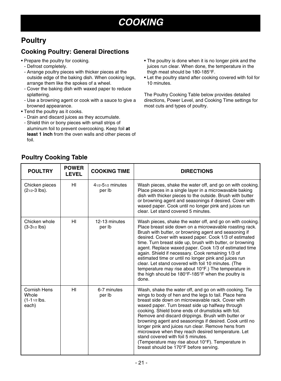 Cooking, Poultry, Cooking poultry: general directions | Poultry cooking table | Goldstar MV1610BB User Manual | Page 21 / 28