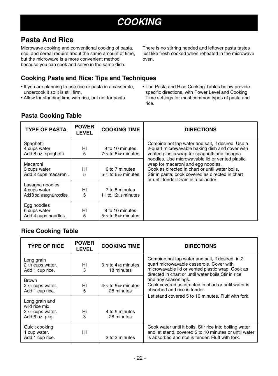 Cooking, Pasta and rice, Cooking pasta and rice: tips and techniques | Pasta cooking table, Rice cooking table | Goldstar MV1610BB User Manual | Page 22 / 28