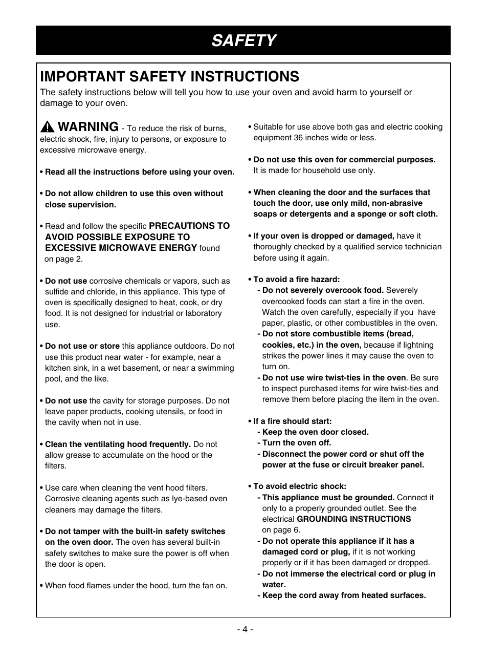 Safety, Important safety instructions, Warning | Goldstar MV1610BB User Manual | Page 4 / 28