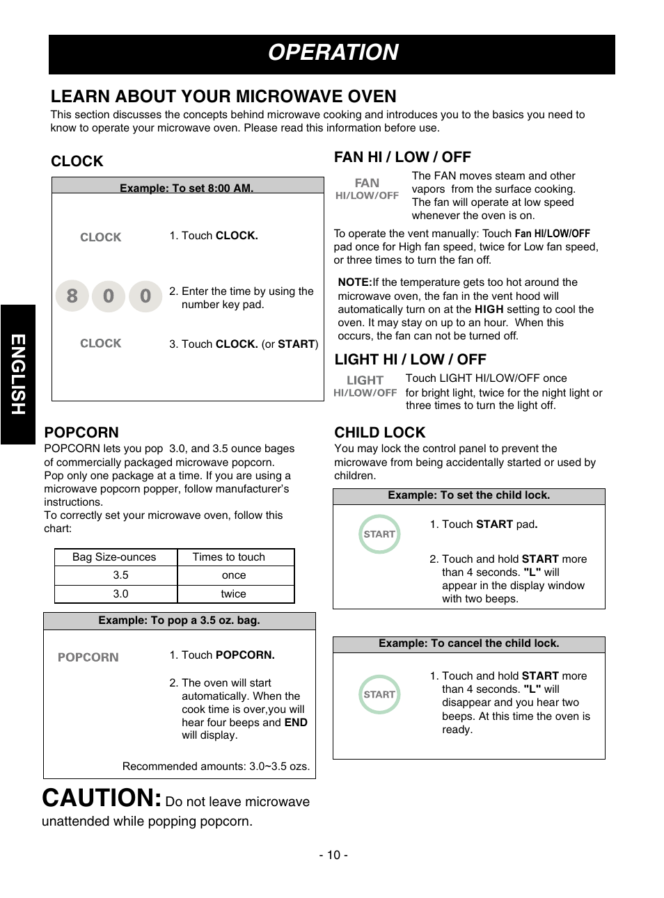 Caution, Operation, English | Learn about your microwave oven, Child lock, Fan hi / lo w / off, Light hi / lo w / off, Clock, Popcorn | Goldstar MVH1615WW User Manual | Page 10 / 24