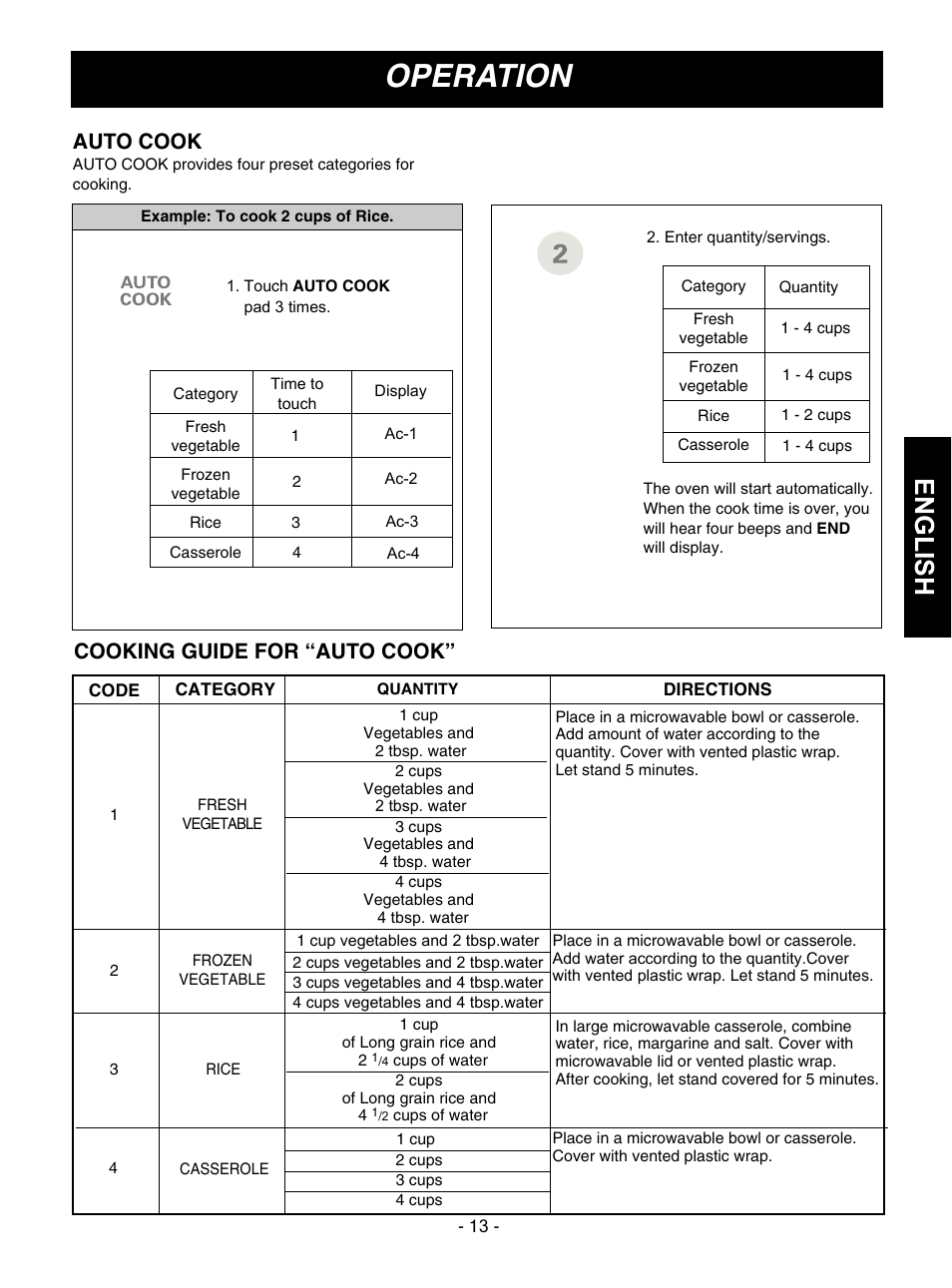 Operation, English, Auto cook | Cooking guide for “auto cook | Goldstar MVH1615WW User Manual | Page 13 / 24