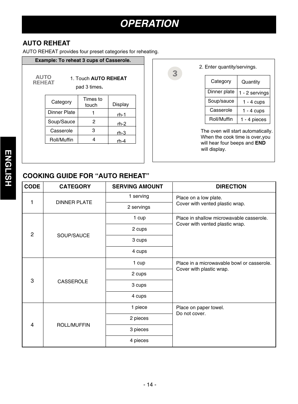 Operation, English, Auto reheat | Cooking guide for “ auto reheat | Goldstar MVH1615WW User Manual | Page 14 / 24