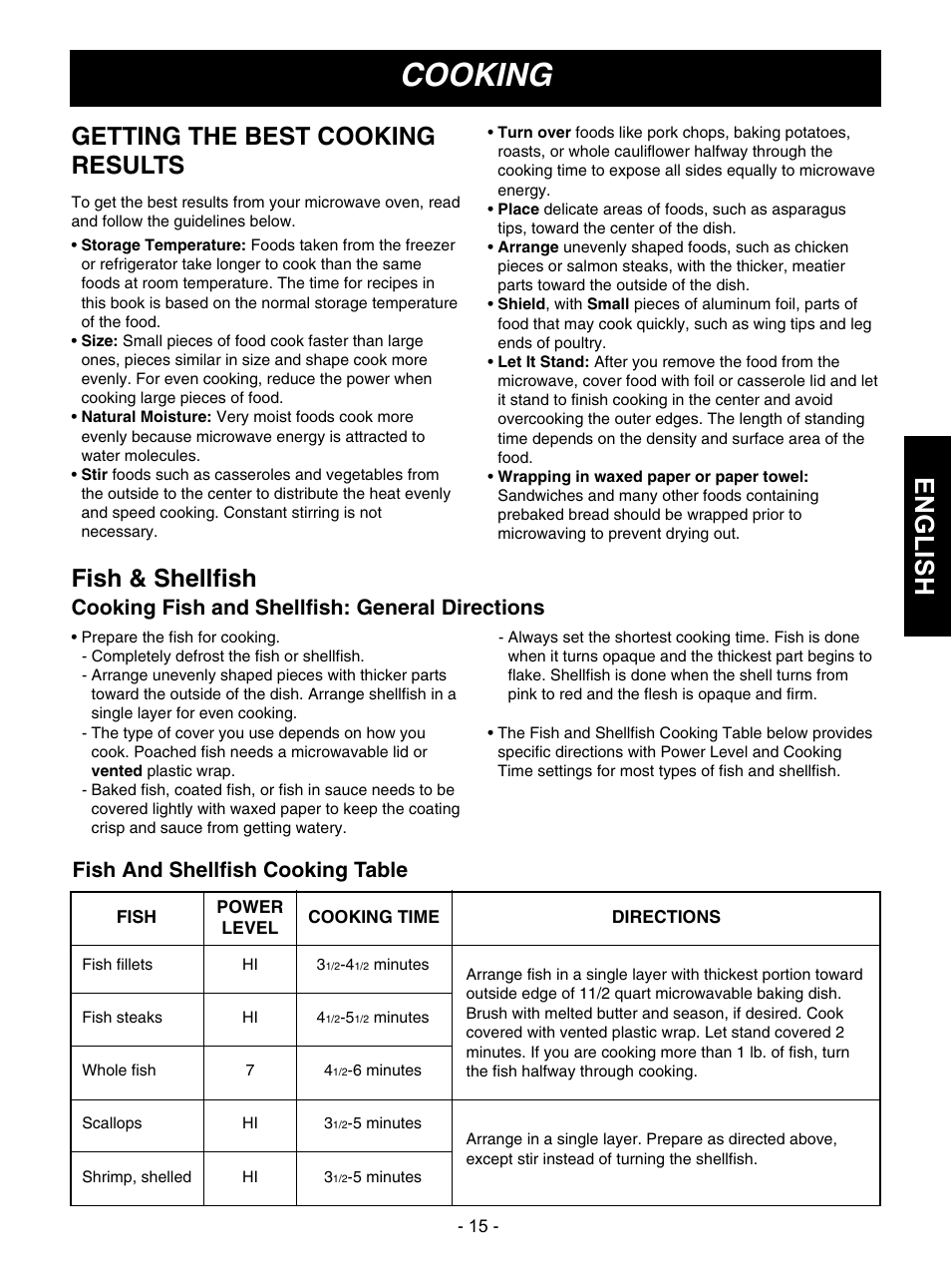 Cooking, English, Getting the best cooking results | Fish & shellfish, Cooking fish and shellfish: general directions, Fish and shellfish cooking table | Goldstar MVH1615WW User Manual | Page 15 / 24