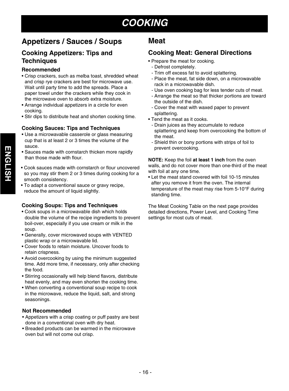 Cooking, English, Appetizers / sauces / soups | Meat, Cooking appetizers: tips and techniques, Cooking meat: general directions | Goldstar MVH1615WW User Manual | Page 16 / 24