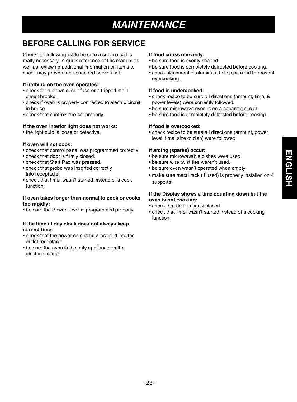 Maintenance, English, Before calling for service | Goldstar MVH1615WW User Manual | Page 23 / 24