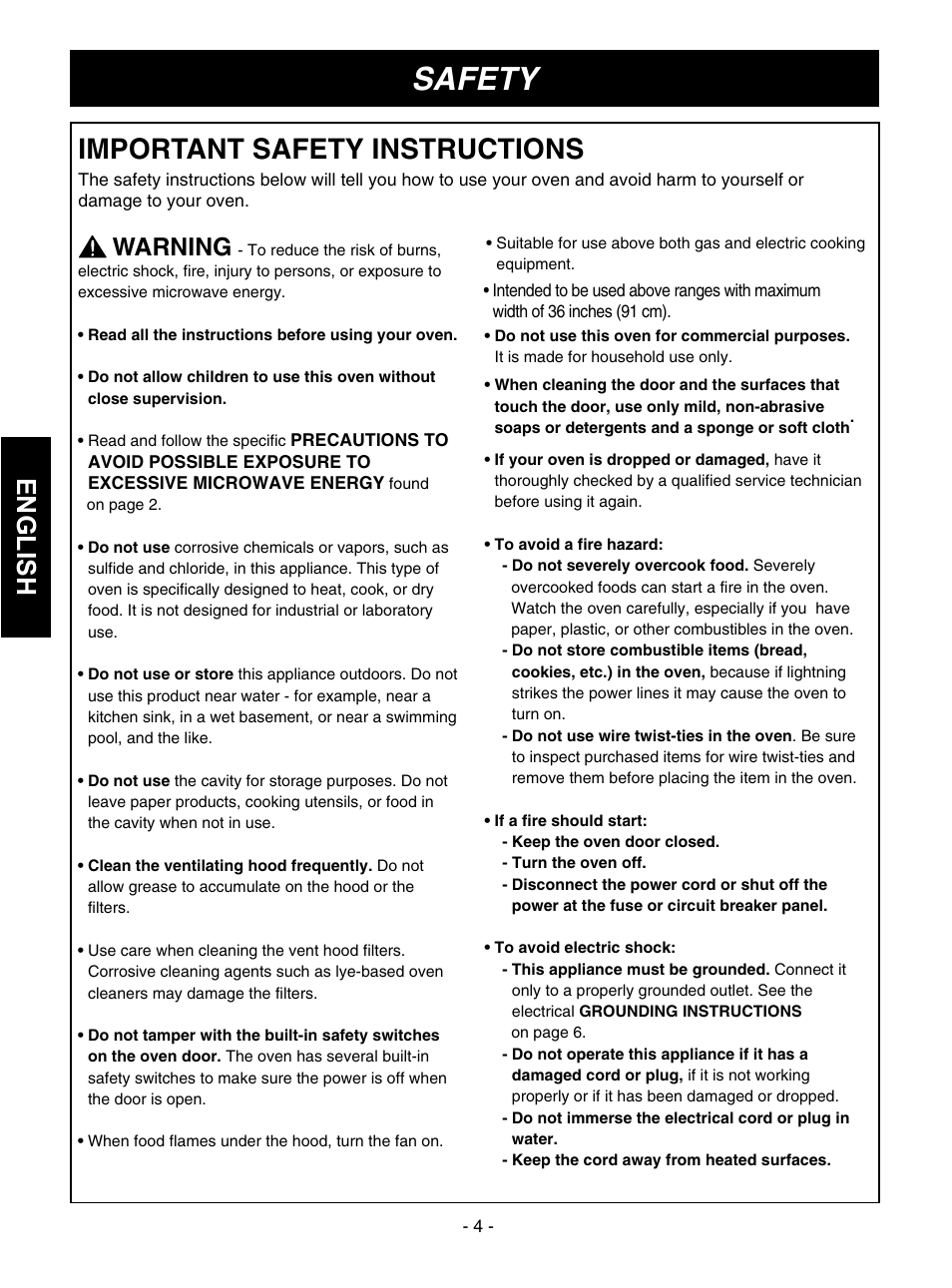 Safety, Important safety instructions, English | Warning | Goldstar MVH1615WW User Manual | Page 4 / 24