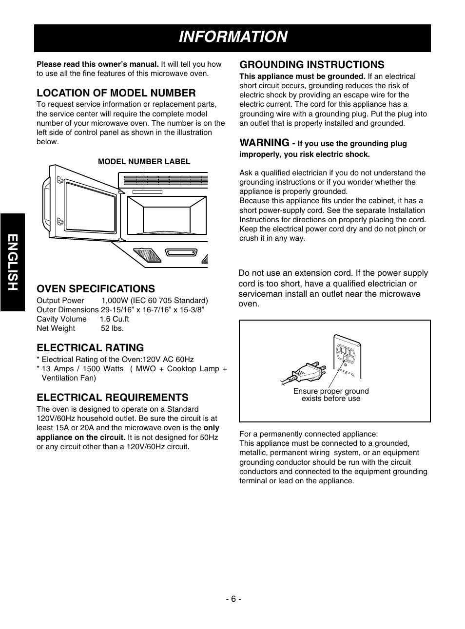 Information, Englishenglish, Location of model number | Oven specifications, Electrical rating, Electrical requirements, Grounding instructions, Warning | Goldstar MVH1615WW User Manual | Page 6 / 24