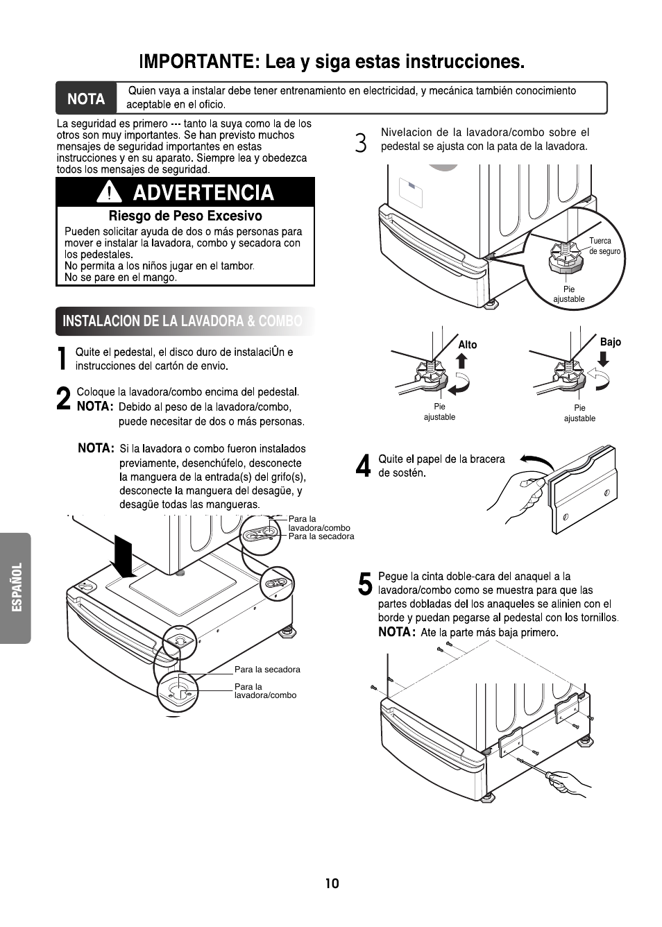 Instalacion de la lavadora & combo | Goldstar LG 27 User Manual | Page 10 / 16
