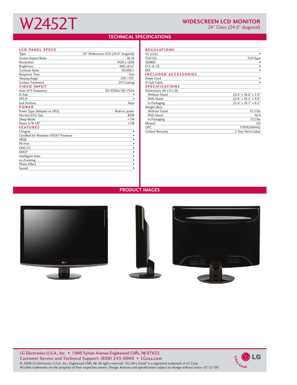 W2452t, Widescreen lcd monitor, Product images technical specifications | Goldstar W2452T User Manual | Page 2 / 2