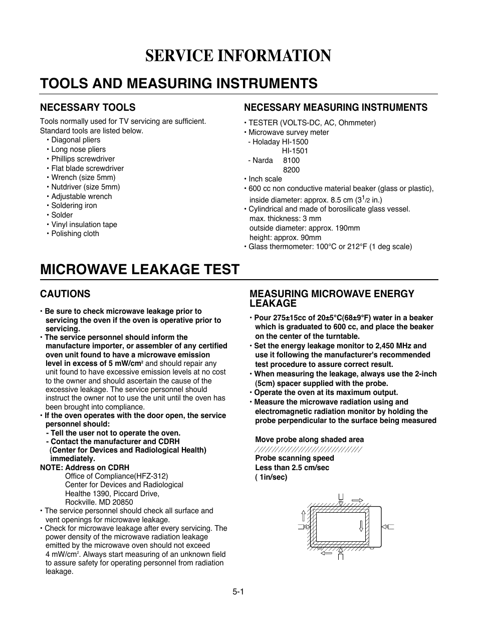 Service information, Cautions, Measuring microwave energy leakage | Necessary tools, Necessary measuring instruments | Goldstar MA-2005ST User Manual | Page 23 / 46