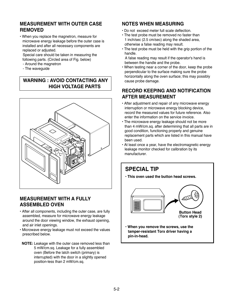 Special tip, Measurement with outer case removed, Measurement with a fully assembled oven | Record keeping and notification after measurement, Warning : avoid contacting any high voltage parts | Goldstar MA-2005ST User Manual | Page 24 / 46