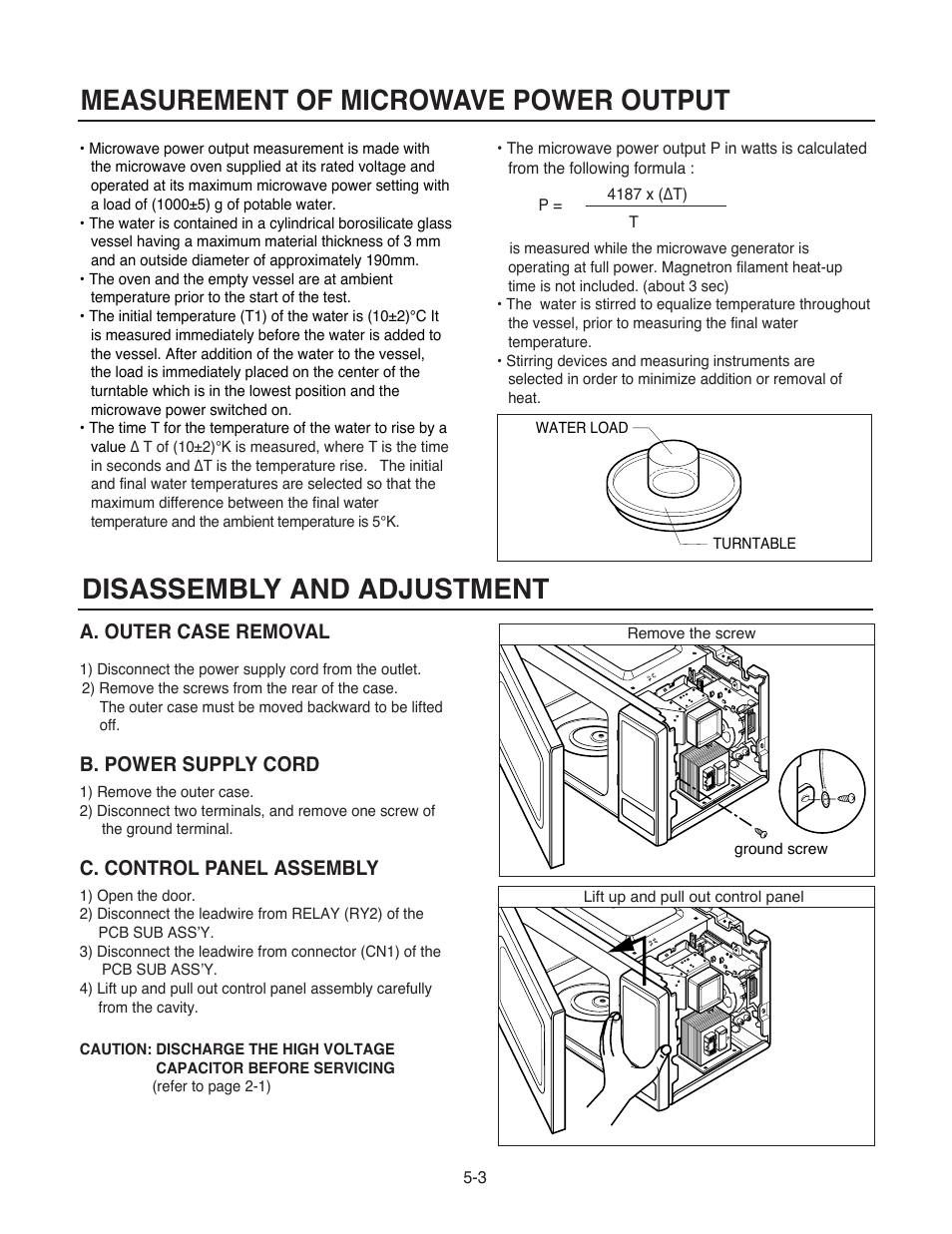 Measurement of microwave power output, Disassembly and adjustment, A. outer case removal | B. power supply cord, C. control panel assembly | Goldstar MA-2005ST User Manual | Page 25 / 46