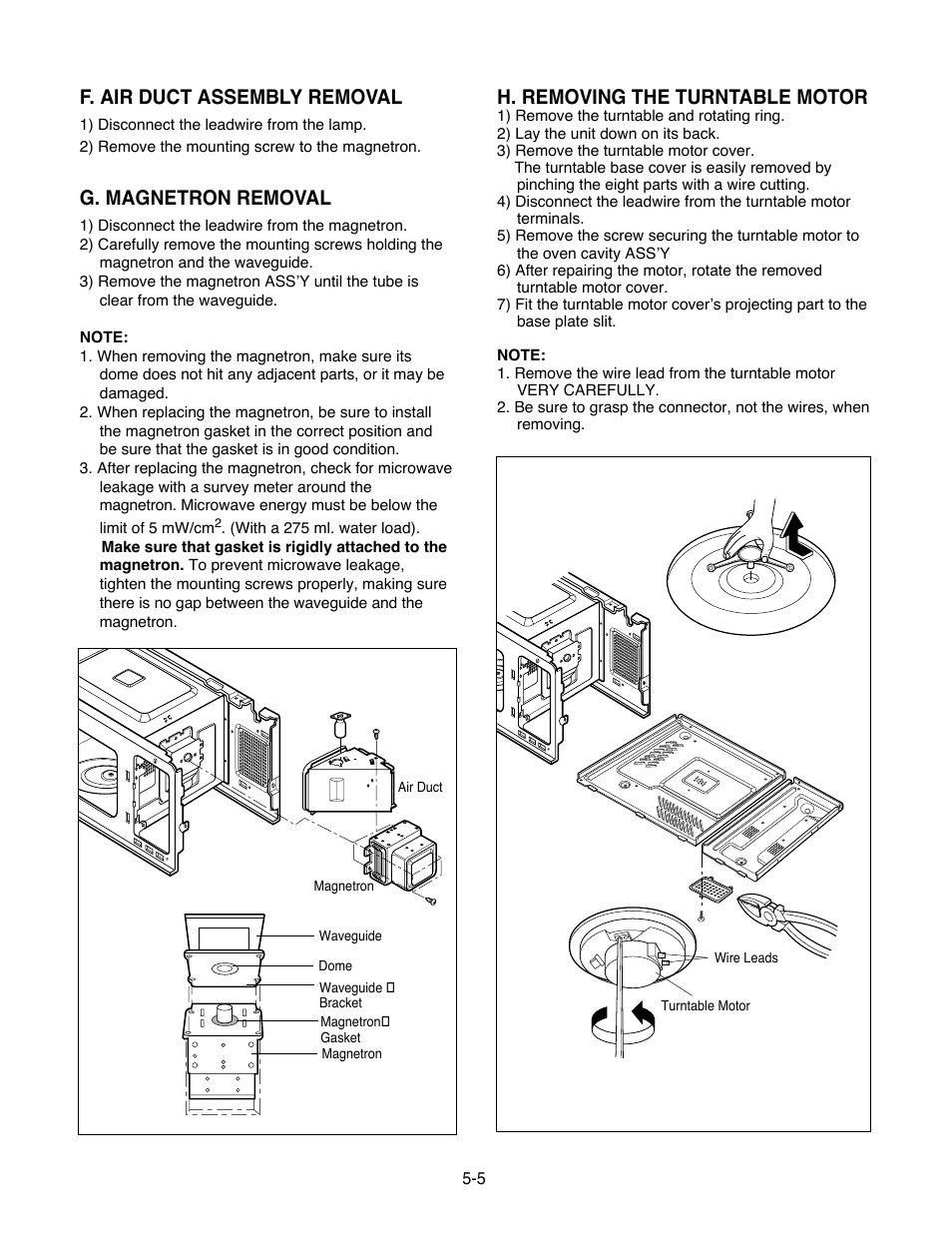 F. air duct assembly removal, G. magnetron removal, H. removing the turntable motor | Goldstar MA-2005ST User Manual | Page 27 / 46