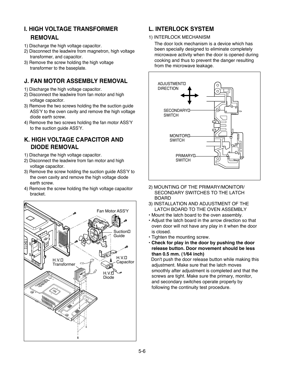 I. high voltage transformer removal, J. fan motor assembly removal, K. high voltage capacitor and diode removal | L. interlock system | Goldstar MA-2005ST User Manual | Page 28 / 46