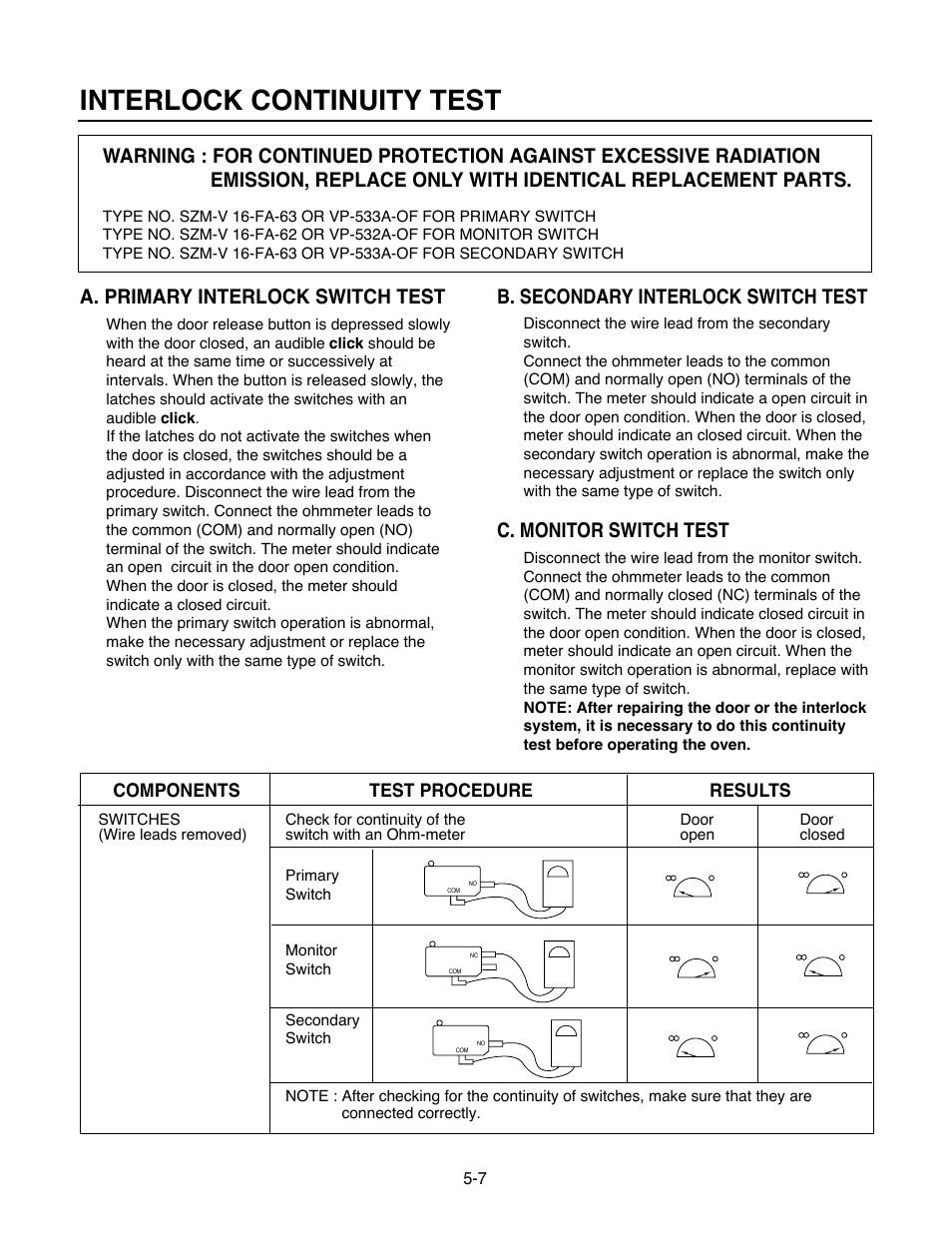 Interlock continuity test, A. primary interlock switch test, B. secondary interlock switch test | C. monitor switch test | Goldstar MA-2005ST User Manual | Page 29 / 46