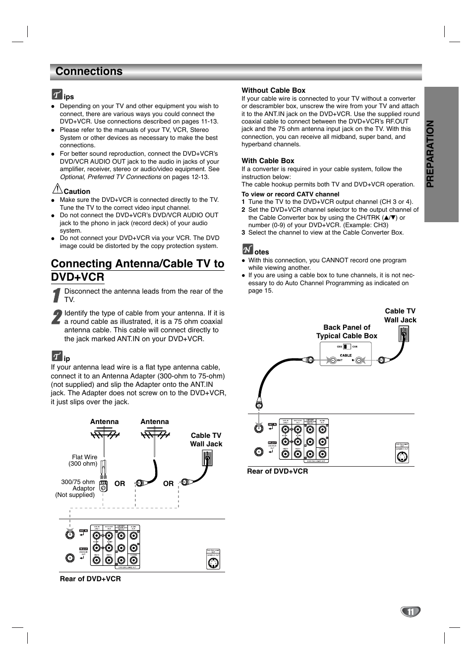 Connections, Connecting antenna/cable tv to dvd+vcr, Prep ara tion | Goldstar GBV441 User Manual | Page 11 / 40
