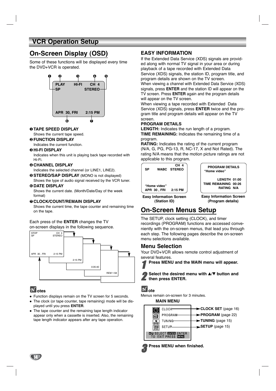 Vcr operation setup on-screen display (osd), On-screen menus setup, Menu selection | Easy information | Goldstar GBV441 User Manual | Page 14 / 40