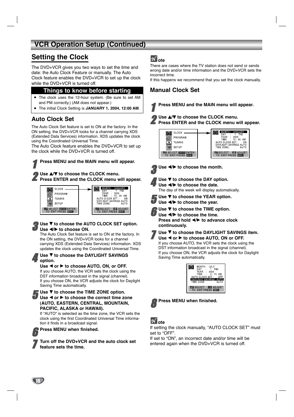 Vcr operation setup (continued) setting the clock | Goldstar GBV441 User Manual | Page 16 / 40