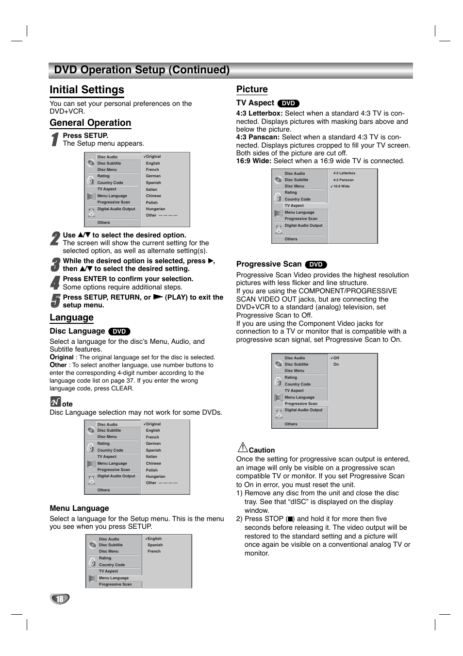Dvd operation setup (continued) initial settings, General operation, Language | Picture, Disc language, Menu language, Tv aspect, Progressive scan | Goldstar GBV441 User Manual | Page 18 / 40