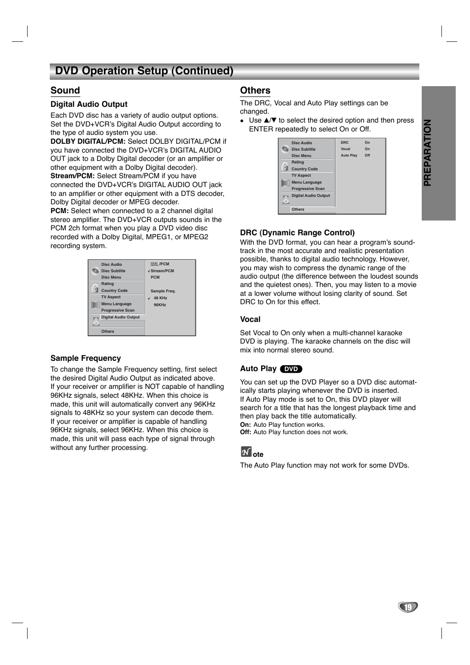 Dvd operation setup (continued), Prep ara tion, Sound | Others, Digital audio output, Sample frequency, Drc (dynamic range control), Vocal, Auto play | Goldstar GBV441 User Manual | Page 19 / 40