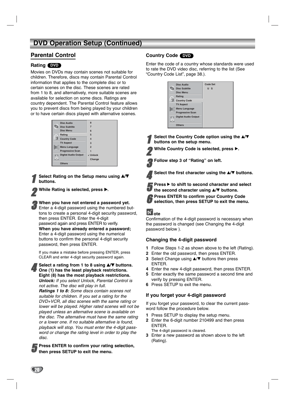 Dvd operation setup (continued), Parental control | Goldstar GBV441 User Manual | Page 20 / 40