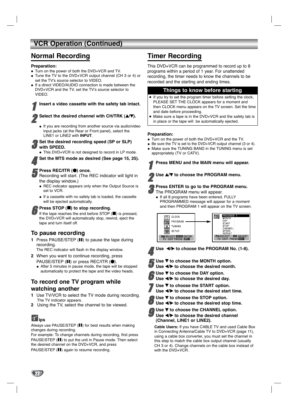 Vcr operation (continued) normal recording, Timer recording | Goldstar GBV441 User Manual | Page 22 / 40