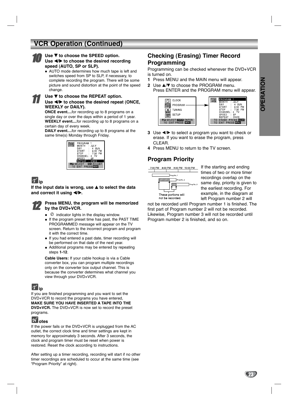 Vcr operation (continued), Opera tion, Checking (erasing) timer record programming | Program priority | Goldstar GBV441 User Manual | Page 23 / 40