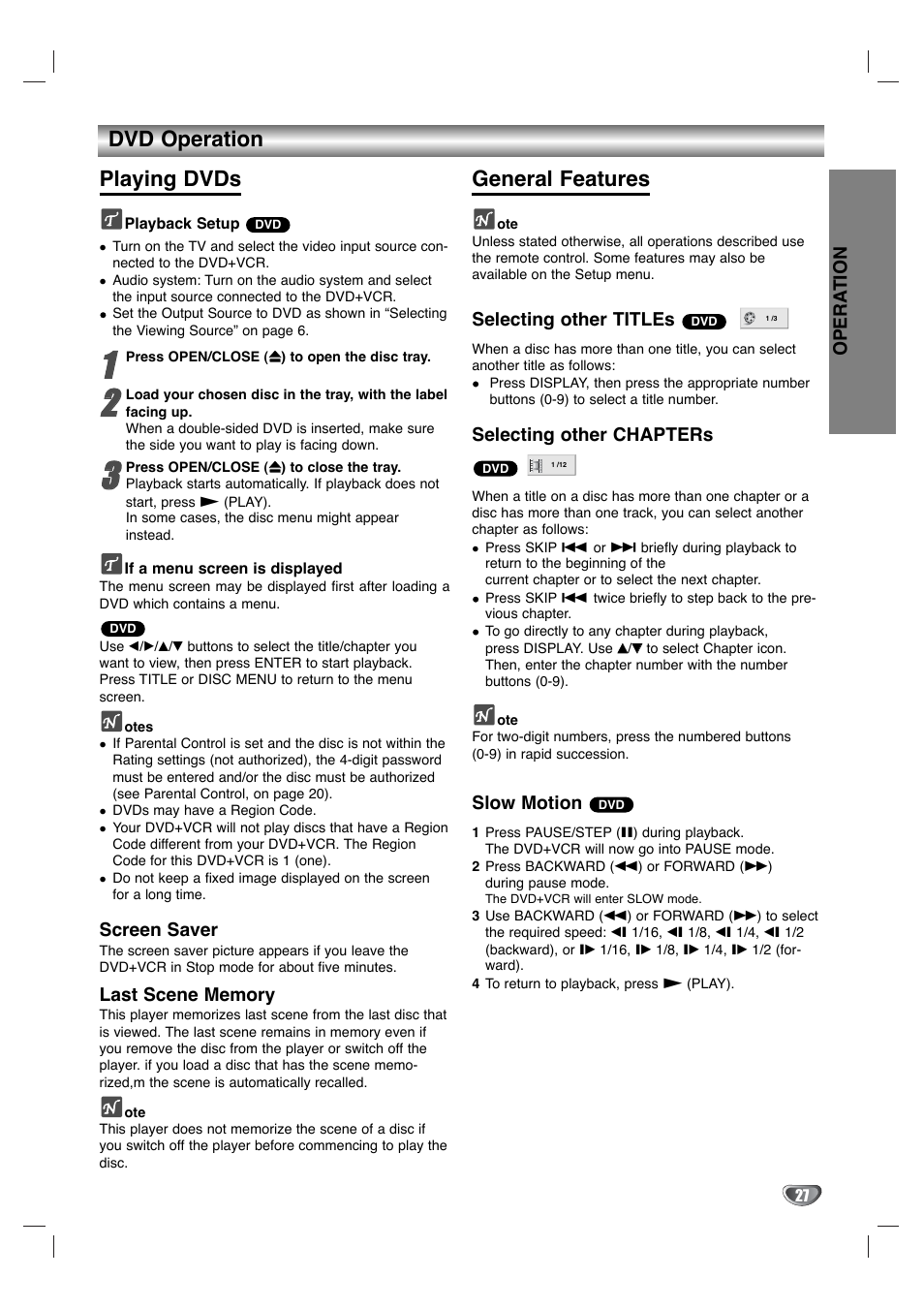 Dvd operation playing dvds, General features | Goldstar GBV441 User Manual | Page 27 / 40