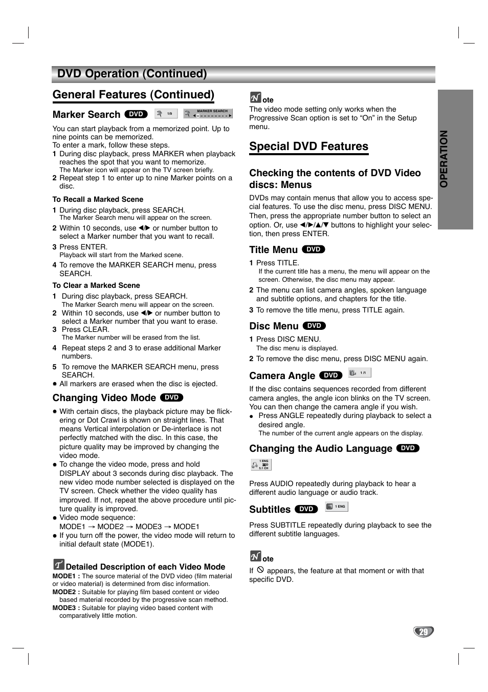 Special dvd features, Opera tion, Marker search | Changing video mode, Checking the contents of dvd video discs: menus, Title menu, Disc menu, Camera angle, Changing the audio language, Subtitles | Goldstar GBV441 User Manual | Page 29 / 40
