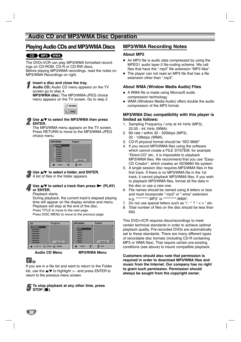 About mp3, About wma (window media audio) files | Goldstar GBV441 User Manual | Page 30 / 40