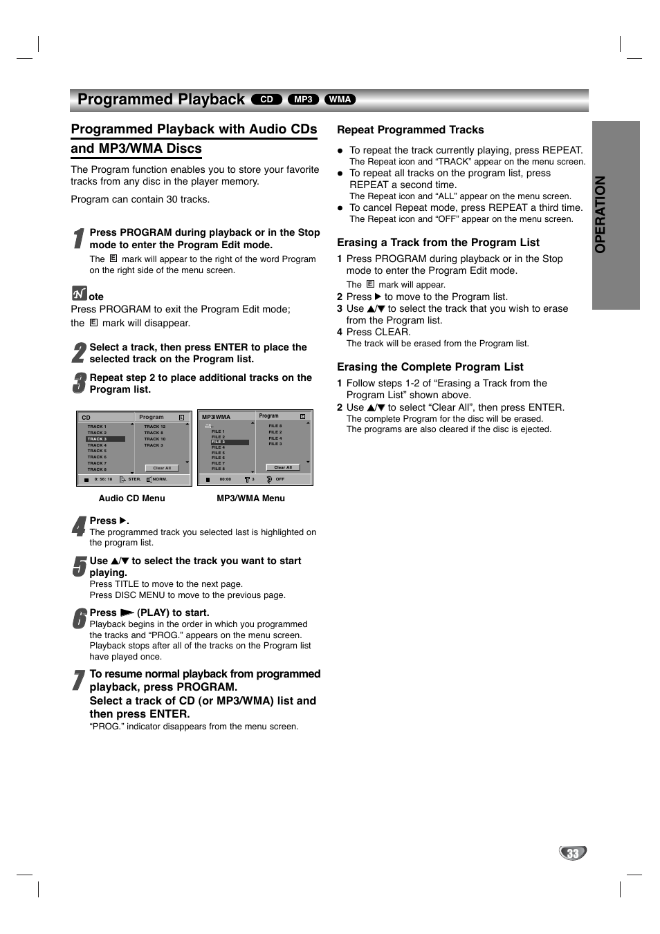 Programmed playback, Opera tion, Repeat programmed tracks | Erasing a track from the program list, Erasing the complete program list | Goldstar GBV441 User Manual | Page 33 / 40