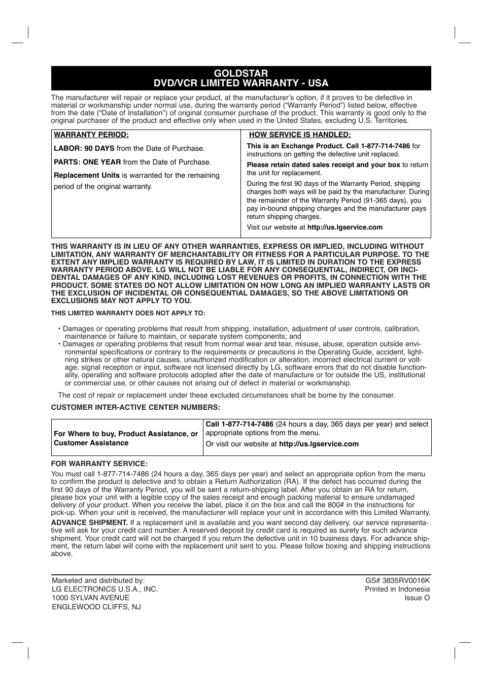 Goldstar dvd/vcr limited warranty - usa | Goldstar GBV441 User Manual | Page 40 / 40