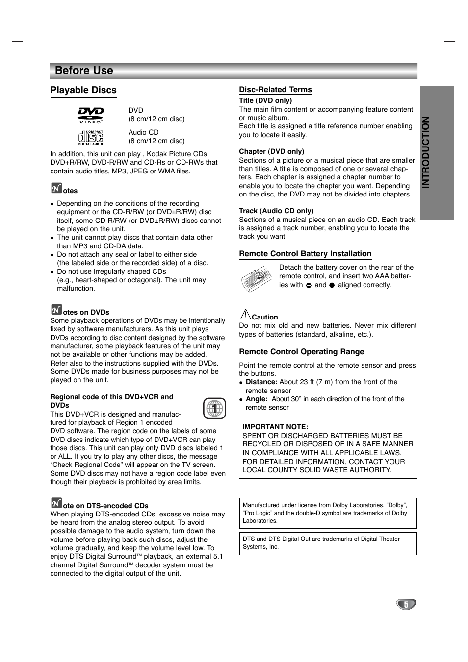Before use, Introduction, Playable discs | Goldstar GBV441 User Manual | Page 5 / 40