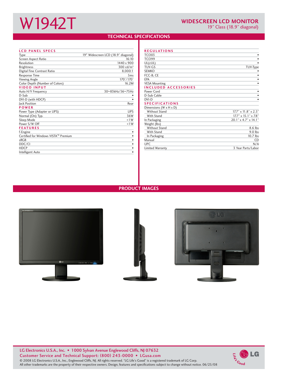 W1942t, Widescreen lcd monitor | Goldstar W1942T User Manual | Page 2 / 2