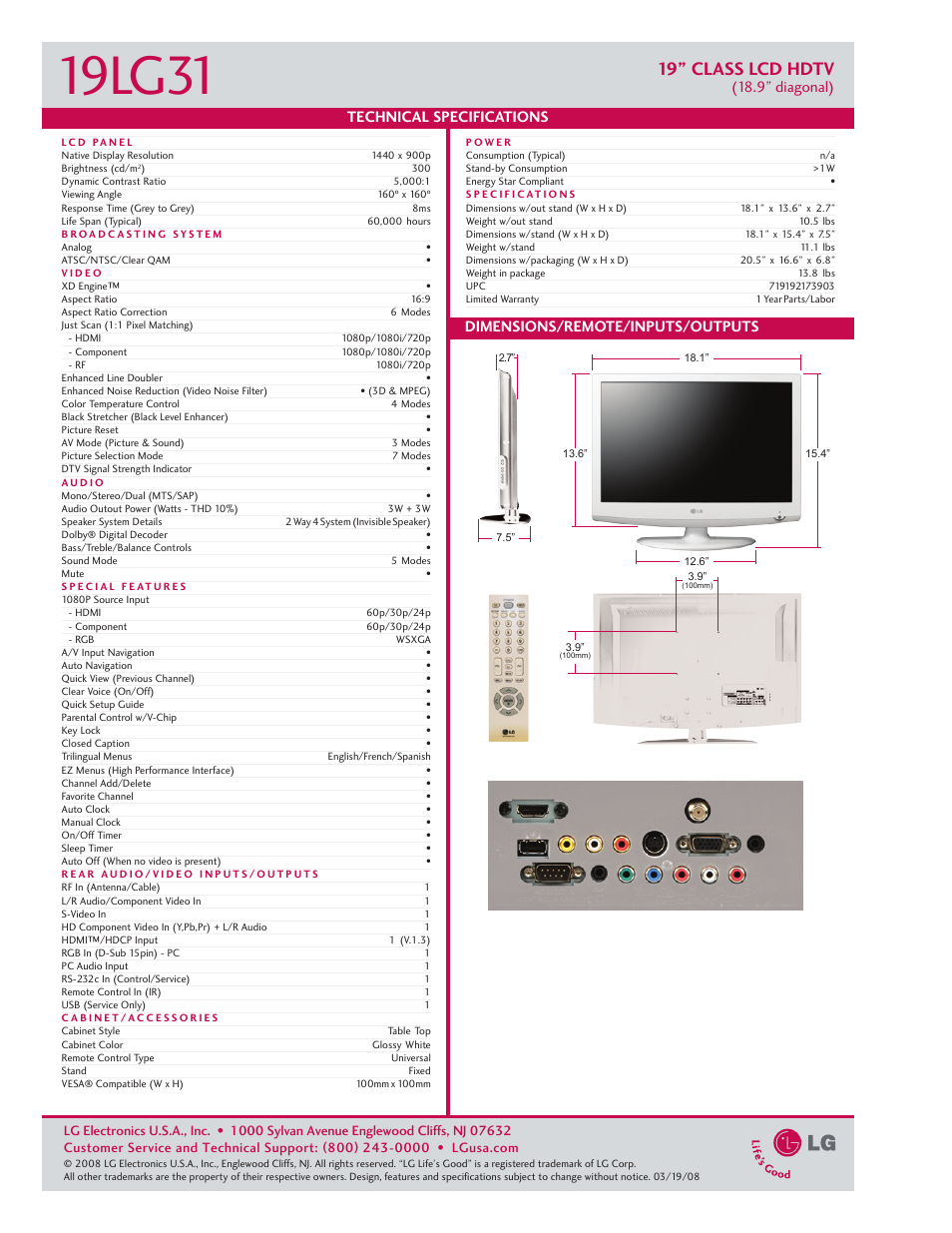 19lg31, 19” class lcd hdtv, 9” diagonal) | Goldstar 19LG31 User Manual | Page 2 / 2