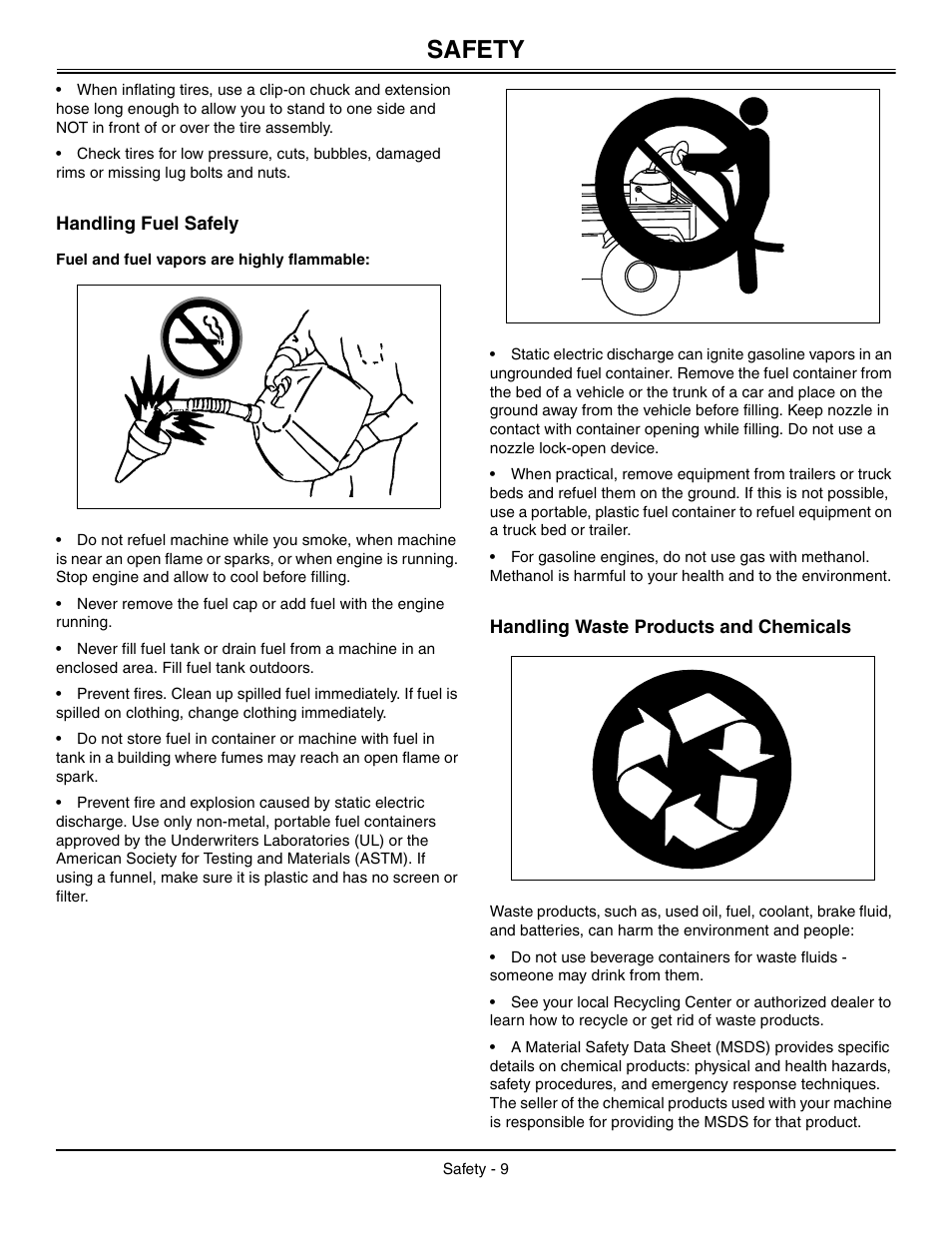 Handling fuel safely, Fuel and fuel vapors are highly flammable, Handling waste products and chemicals | Safety | Great Dane Chariot / Chariot LX GDRZ61-27KHE User Manual | Page 13 / 76