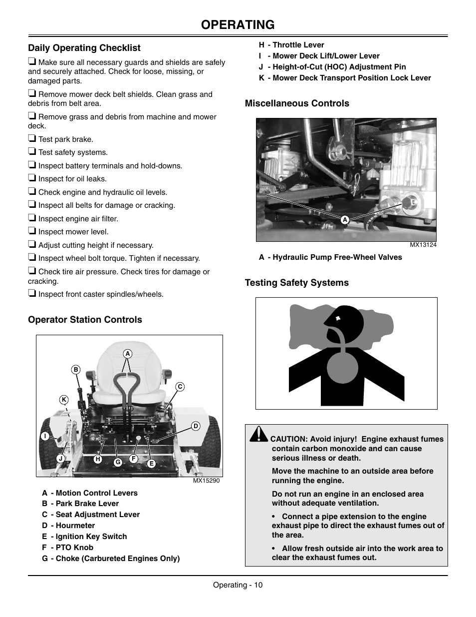 Operating, Daily operating checklist, Operator station controls | Miscellaneous controls, Testing safety systems | Great Dane Chariot / Chariot LX GDRZ61-27KHE User Manual | Page 14 / 76