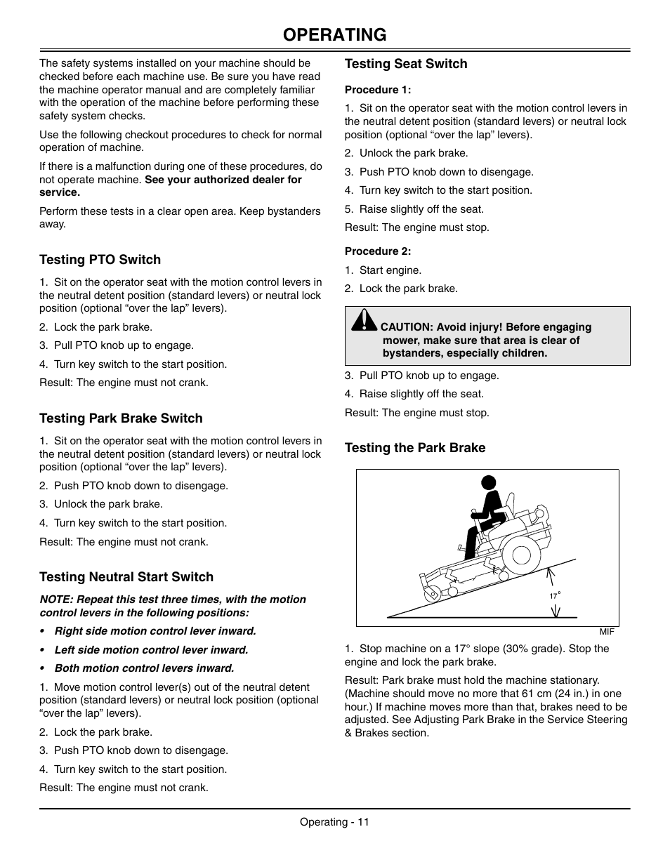 Testing pto switch, Testing park brake switch, Testing neutral start switch | Testing seat switch, Procedure 1, Procedure 2, Testing the park brake, Operating | Great Dane Chariot / Chariot LX GDRZ61-27KHE User Manual | Page 15 / 76