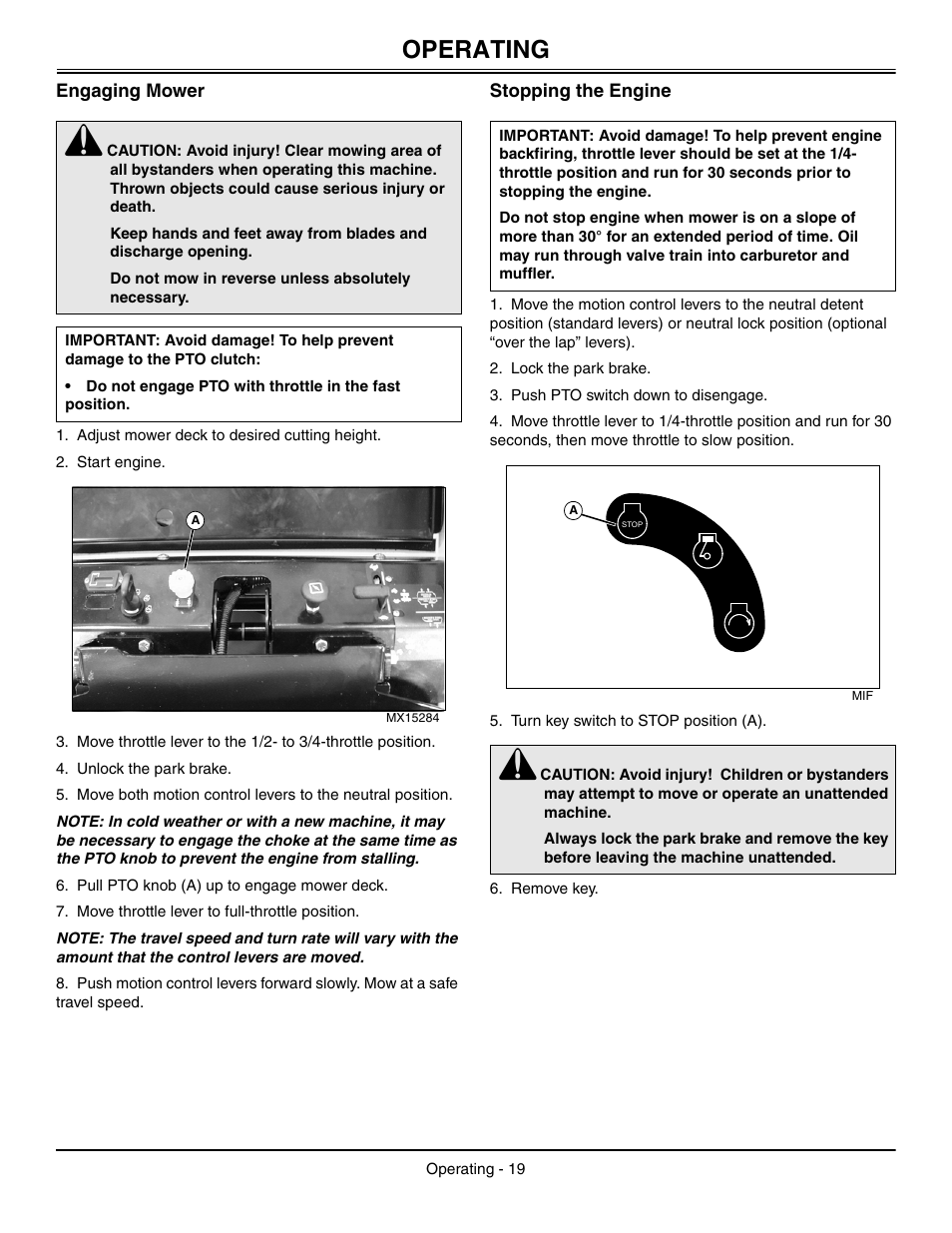 Engaging mower, Stopping the engine, Operating | Great Dane Chariot / Chariot LX GDRZ61-27KHE User Manual | Page 23 / 76