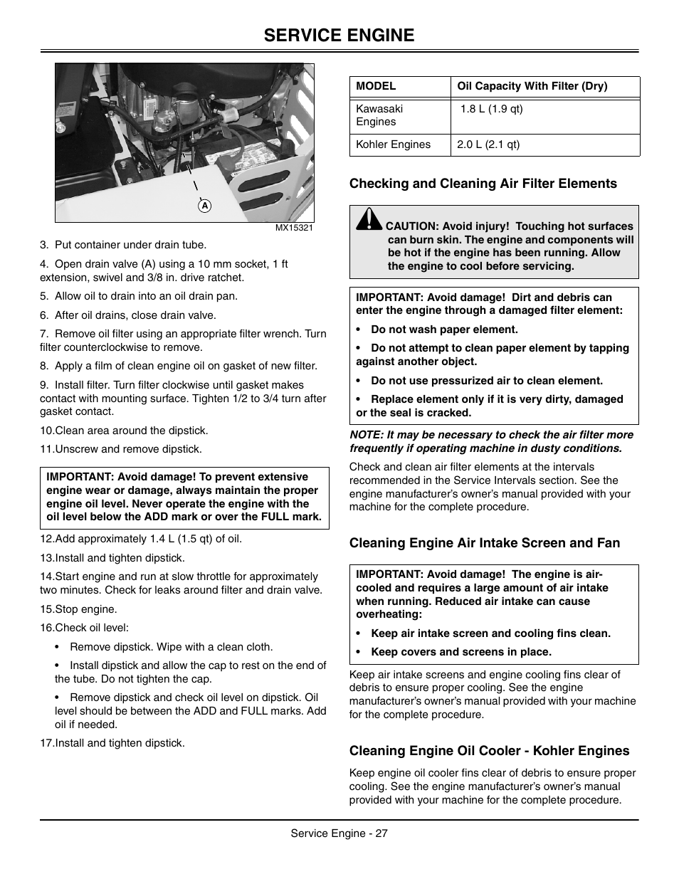 Checking and cleaning air filter elements, Cleaning engine air intake screen and fan, Cleaning engine oil cooler - kohler engines | Service engine | Great Dane Chariot / Chariot LX GDRZ61-27KHE User Manual | Page 31 / 76