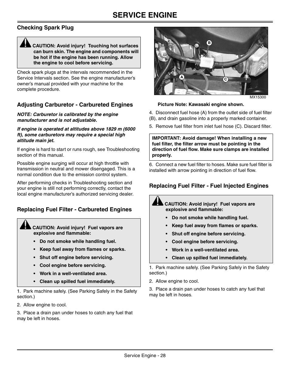 Checking spark plug, Adjusting carburetor, Replacing fuel filter - carbureted engines | Replacing fuel filter - fuel injected engines, Service engine | Great Dane Chariot / Chariot LX GDRZ61-27KHE User Manual | Page 32 / 76