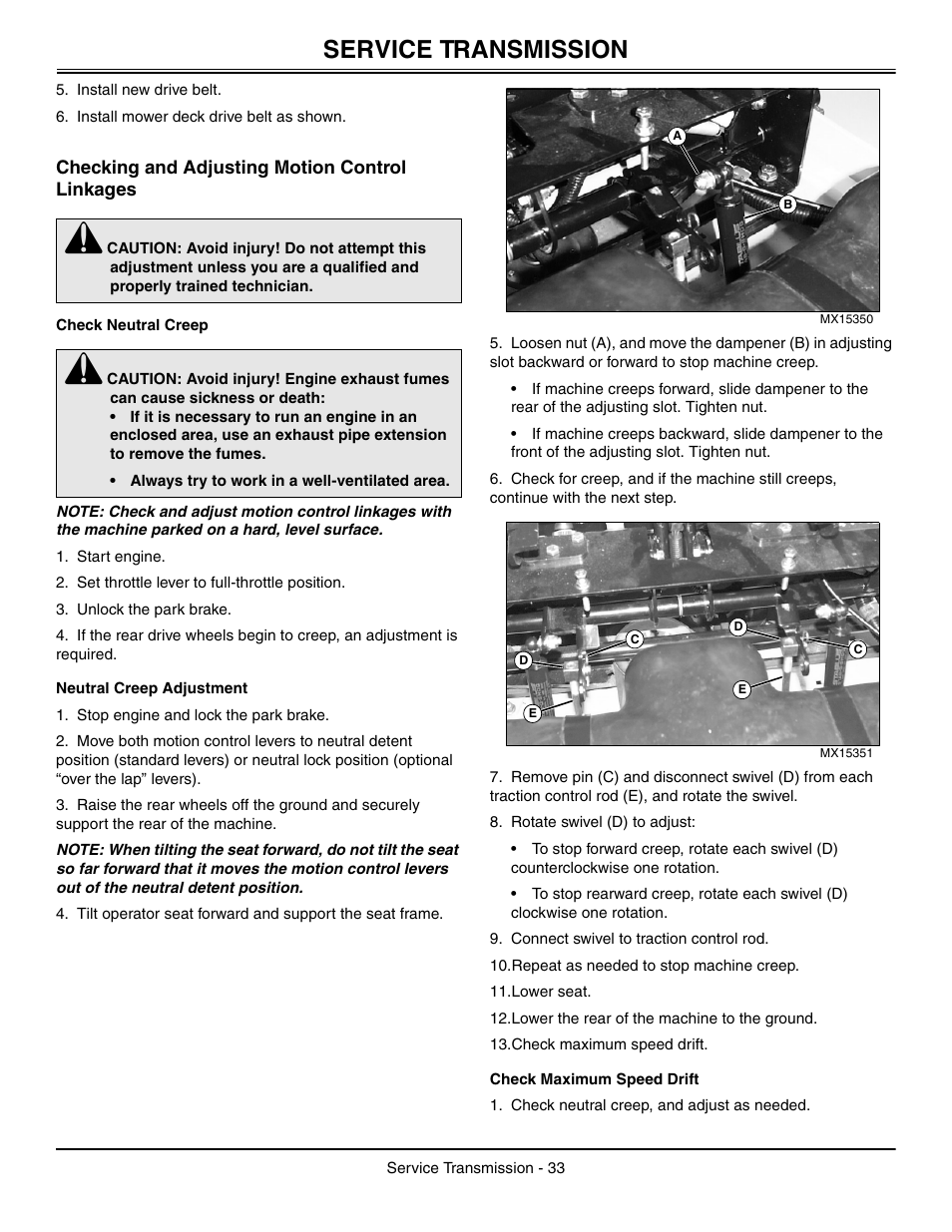 Checking and adjusting motion control linkages, Check neutral creep, Neutral creep adjustment | Check maximum speed drift, Service transmission | Great Dane Chariot / Chariot LX GDRZ61-27KHE User Manual | Page 37 / 76