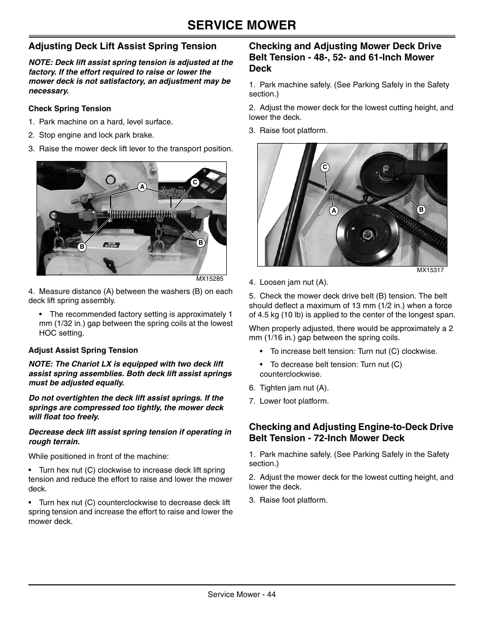 Adjusting deck lift assist spring tension, Check spring tension, Adjust assist spring tension | Service mower | Great Dane Chariot / Chariot LX GDRZ61-27KHE User Manual | Page 48 / 76