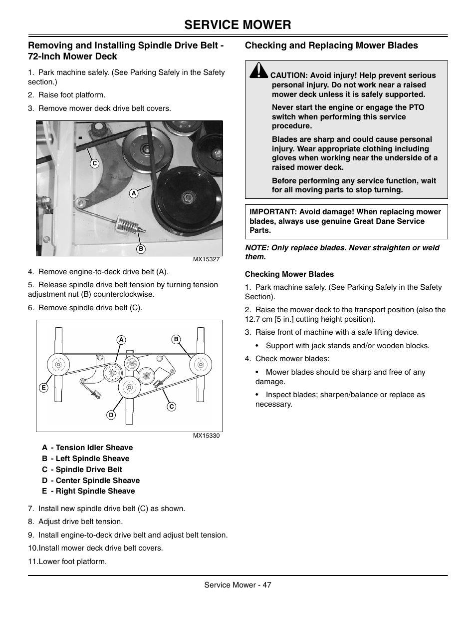 Removing and installing spindle drive belt, Checking and replacing mower blades, Checking mower blades | Service mower | Great Dane Chariot / Chariot LX GDRZ61-27KHE User Manual | Page 51 / 76