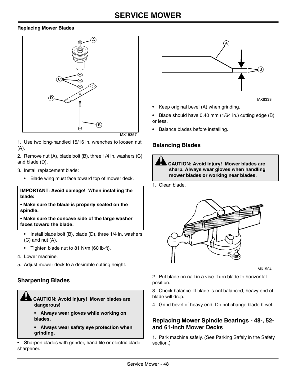 Replacing mower blades, Sharpening blades, Balancing blades | Replacing mower spindle bearings, Service mower | Great Dane Chariot / Chariot LX GDRZ61-27KHE User Manual | Page 52 / 76