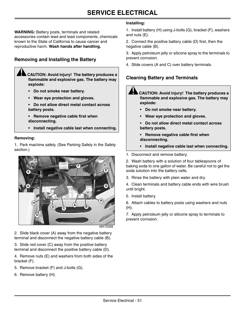 Service electrical, Removing and installing the battery, Removing | Installing, Cleaning battery and terminals | Great Dane Chariot / Chariot LX GDRZ61-27KHE User Manual | Page 55 / 76