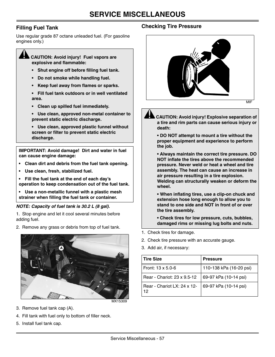 Service miscellaneous, Filling fuel tank, Checking tire pressure | Great Dane Chariot / Chariot LX GDRZ61-27KHE User Manual | Page 61 / 76